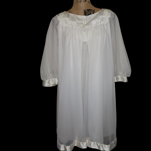 Vtg 60s Bridal Peignoir Lingerie Nightgown & Robe Set Satin  Sheer Knee-length - Picture 1 of 15